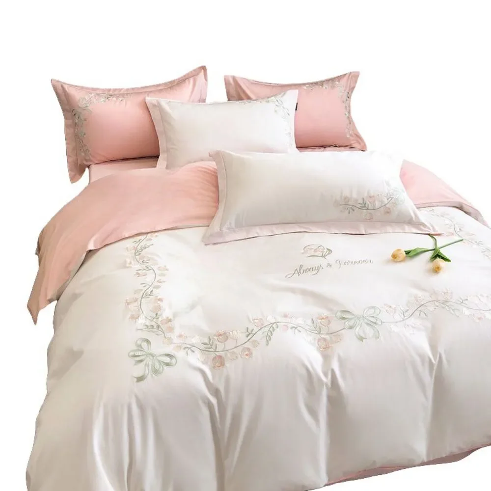 Queen Cotton Duvet Cover Set 3Pcs Embroidery Comforter Cover 2 Pillowcases Pink
